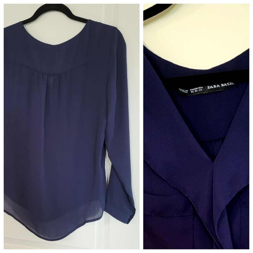 #ZARA Navy semisheer blouse